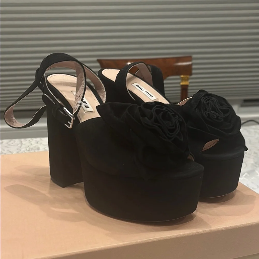 Miu Miu Black Floral Platform Heels